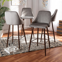 Baxton Studio BA-5-Grey/Walnut-BS Walter Mid-Century Contemporary Grey Velvet Fabric Upholstered and Walnut Finished 4-Piece Bar Stool Set